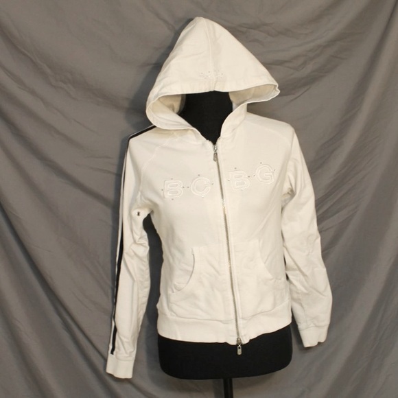 WHITE BCBG HOODIE LONG SLEEVE WITH SEQUINED SWEATSHIRT SMALL ZIPPER CLOSURE - Picture 10 of 10